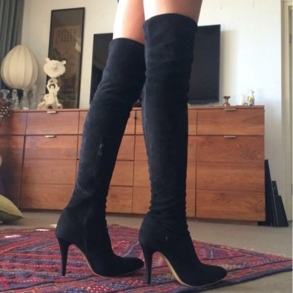 🆕Women Suede Black Over The Knee High Stretchy Leather Thigh High Snow Boots